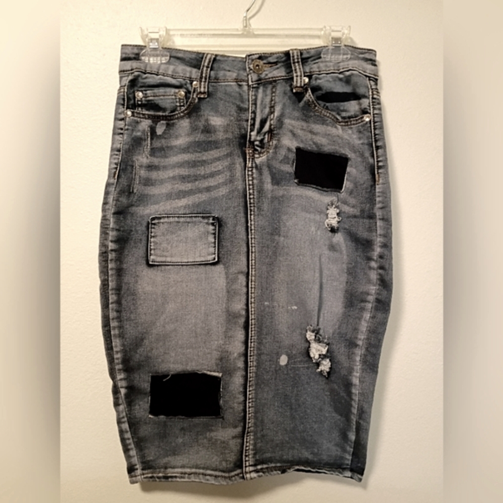 Traffic‎ Jean Wear Women's L Patch Work Denim Pencil Skirt Festival Casual